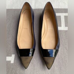 Christian Louboutin flats in Navy leather with black Patent band and Mesh toe.